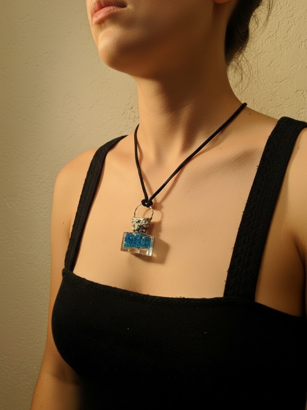Repurposed VINTG Perfume Glass Bottle Pendant Necklace w Rustic Silver Metalwork